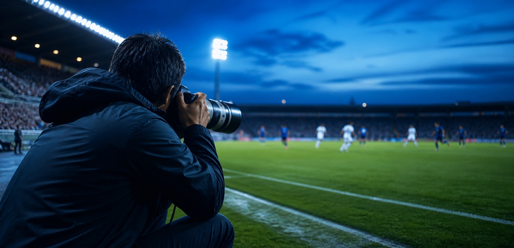 Fotógrafo registra uma partida de futebol na lateral do campo