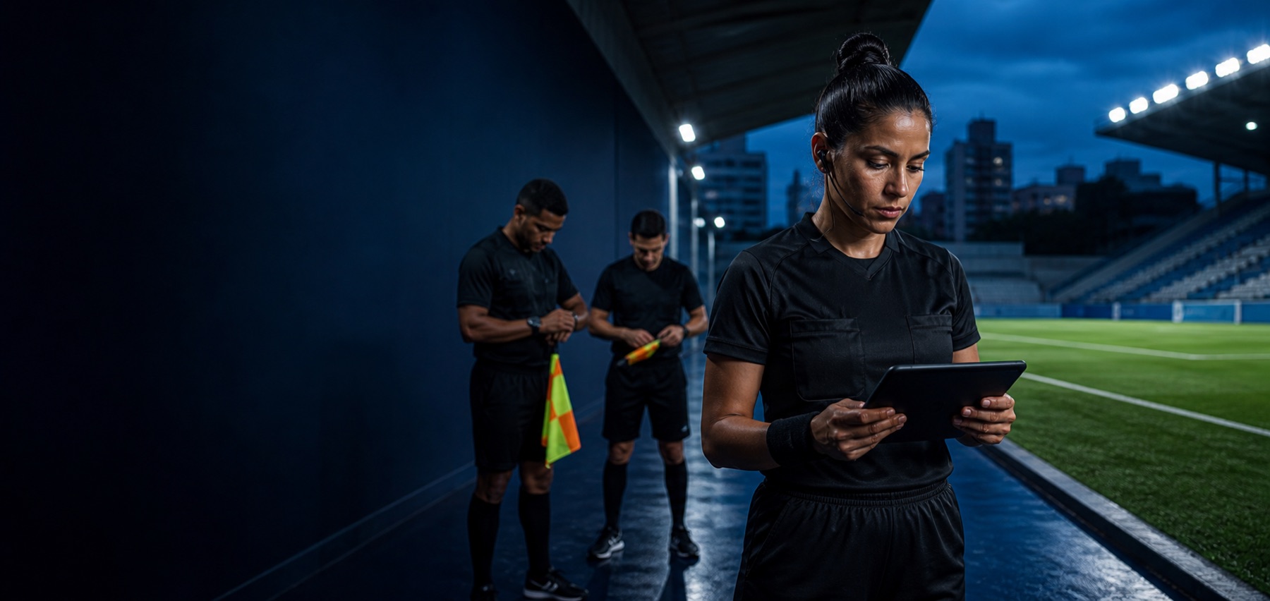 Equipe adulta de arbitragem se prepara para uma partida com apoio de um tablet