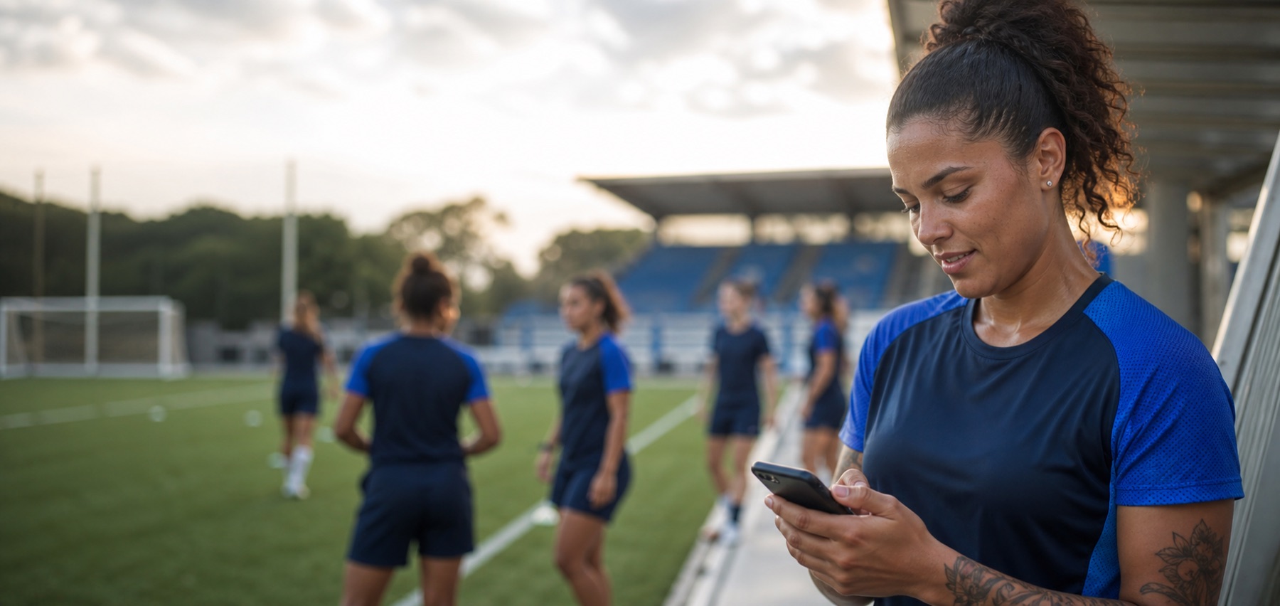 Atleta adulta consulta o celular após um treino de futebol