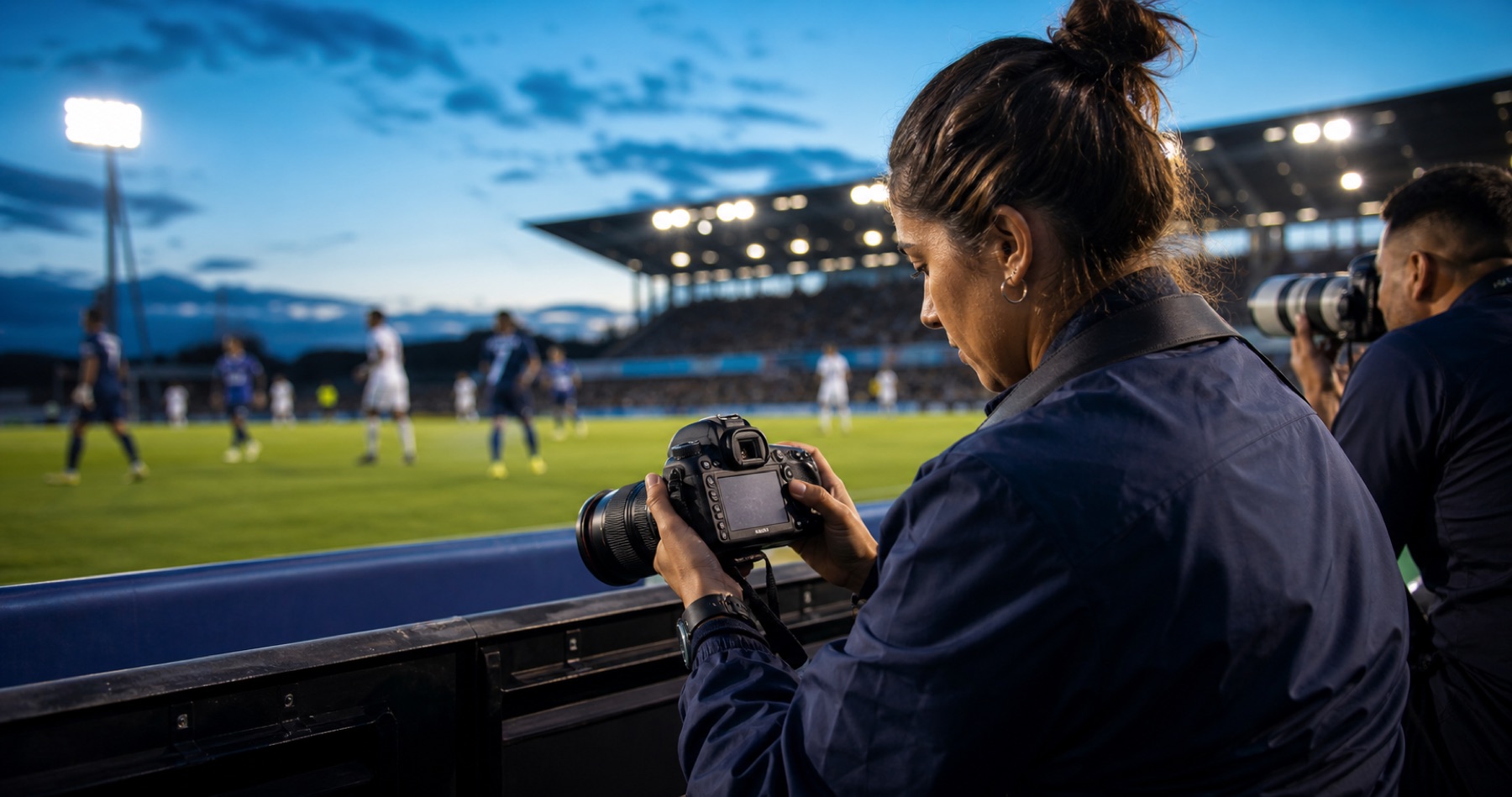Fotógrafa adulta revisa imagens na câmera durante uma partida de futebol