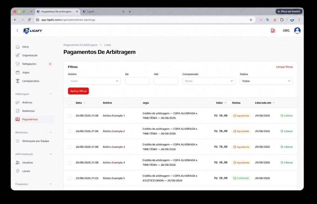 Pagamentos de arbitragem no Ligafy