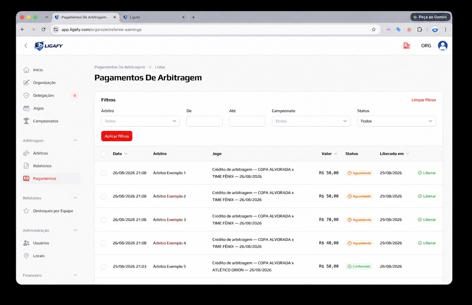 Pagamentos de arbitragem no Ligafy